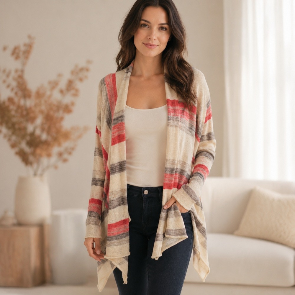 Elan Women's Striped Open Front Cardigan Lightweight Draped Boho Sweater